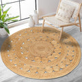 Hand Woven Jute Area Rug - 5' Round - Rustic Beige Reversible Farmhouse Rugs for Bedroom, Kitchen, Living Room - Vintage Natural Braided Entry Floor Décor Circle Boho 5 Foot Round Rug