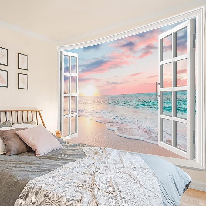 LB Ocean Tapestry Wall Hanging Sea Beach Sunset Wall Tapestry White Window Pink Sky Landscape Tapestries for Bedroom Living Room Dorm Home Wall Decor 60x40 Inches