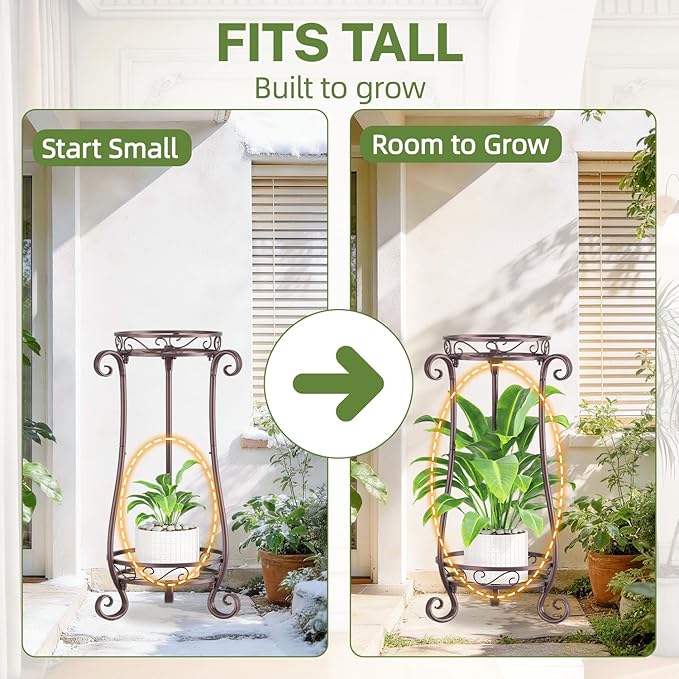 iDavosic.ly 2 Tier Metal Plant Stand Indoor Outdoor, Iron Corner Tall Flower Pot Holder Shelf, 27 Inch Vertical Heavy Duty Display Rack for Patio Porch Living Room Garden, Bronze