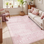 4x6 Rug for Living Room Bedroom, Pink Washable Throw Rugs, Vintage Retro Boho Area Rugs, Non Slip & Low Pile Accent Carpet for Indoor Nursery Room, Dining Room, Kids Girls Room