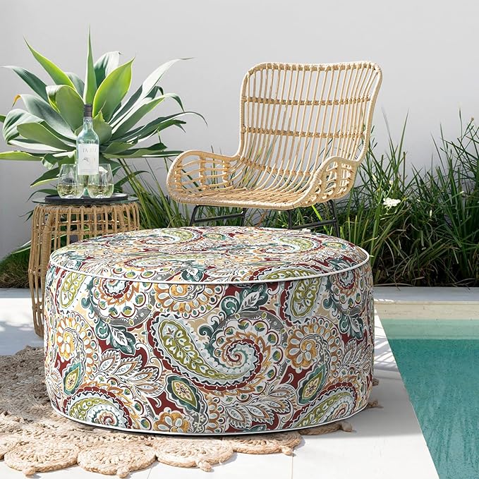 TWELAR Indoor/Outdoor Inflatable Ottoman, Water Repellent Round Foot Rest Ottomans D31 x H14 inch, Portable Footstool for Patio Garden Camping or Home, Paisley Chilli