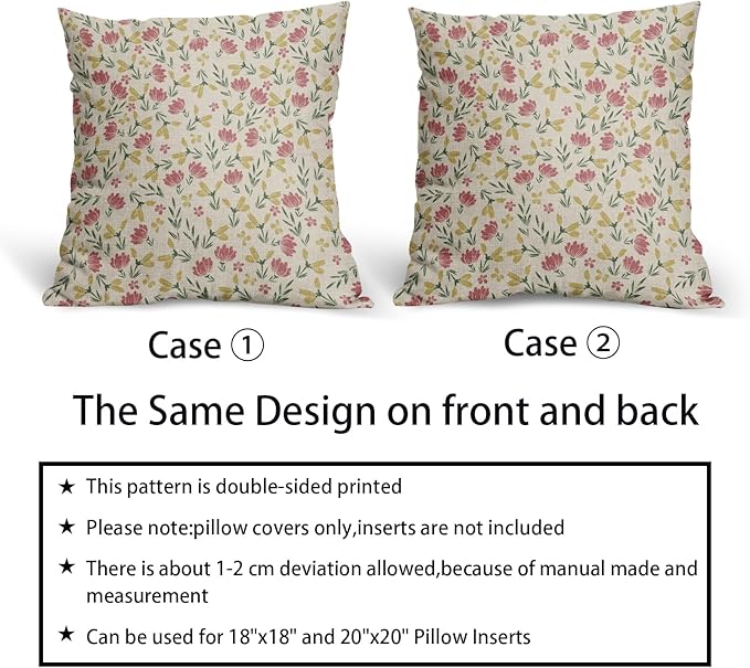 Green Pink Yellow Floral Pillow Covers 20x20 Set of 2 Vintage Rustic Old Style Cute Small Flower Print Decorative Outdoor Pillowcases Farmhouse Throw Cushion Case Decor for Couch Sofa Bed