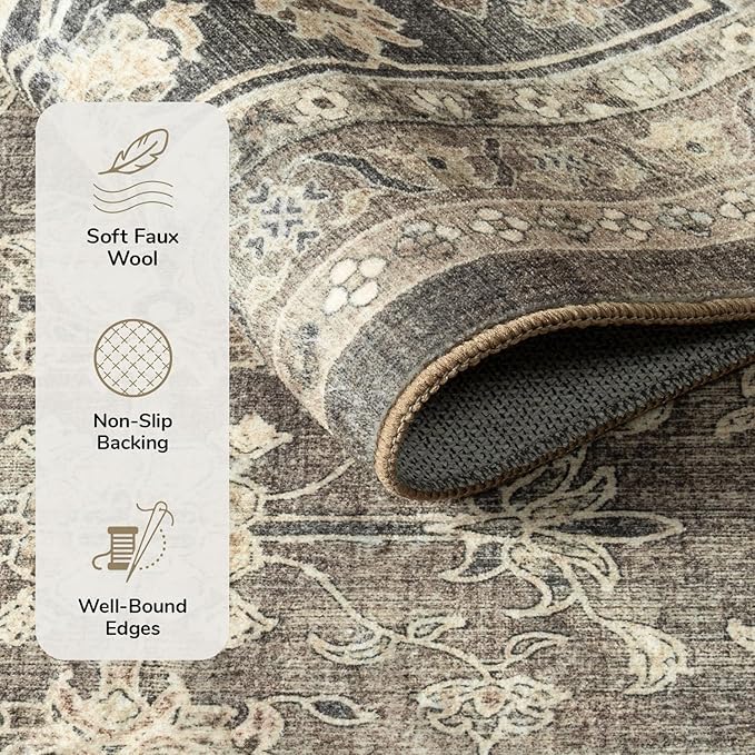 Lessymo Small Area Rugs 2x3 ft, Vintage Brown Machine Washable Rug for Entryway Kitchen Bathroom, Non Slip Low Pile Indoor Door Mat, Distressed Boho Floral Accent Carpet