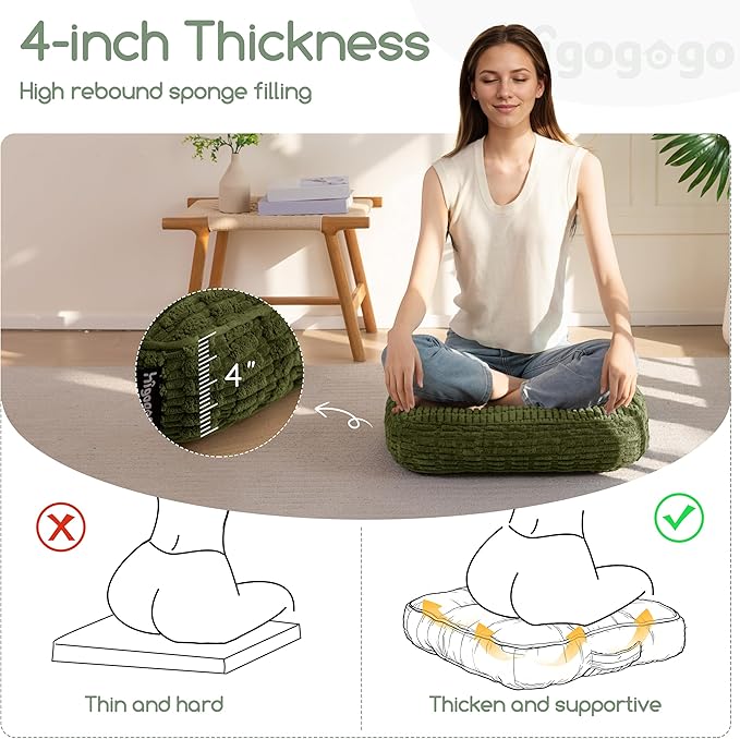 Washable Floor Pillow Cushion for Adults, Meditation Cushion Pillow, Removable Tufted Blended Corduroy Cover, Large Square Floor Sitting for Tatami Living Room or Yoga, 2Pack, Machine Washable