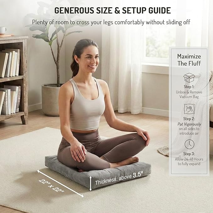 Degrees of Comfort Meditation Floor Pillow, Square Large Pillows Seating for Adults, Gray Tufted Corduroy Cushions for Outdoor Yoga Tatami Fireplace Living Room, Grey, 22x22 Inch