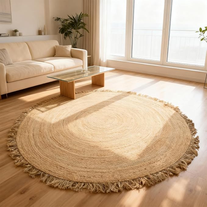 Hand Woven Jute Round Rug, Natural Reversible Boho Area Rugs for Entryway, Kitchen, Living Room I Farmhouse Indoor Outdoor Decorative Floor Rug - 4 Feet, Circular