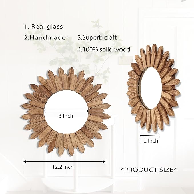 LOSOUR 2 Pack Boho Wall Decor Sunburst Mirror 12 inch Rustic Round Wood Mirror Boho Mirror Farmhouse Wall Decor for Bedroom Living Room Entryway