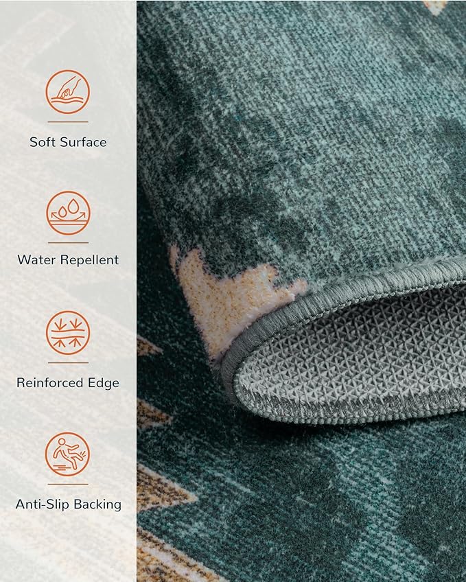 Area Rug 4x6 Rug Machine Washable Non-Slip Low Pile Print Pattern Western Rug for Living Room Bedroom Entryway Tribal Series -Teal/Green
