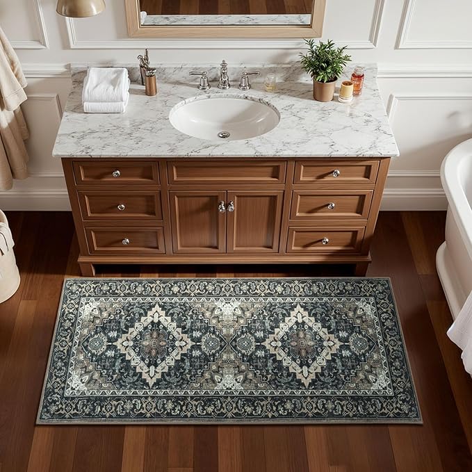 Lessymo 2 x 4 Entryway Rug, Machine Washable Area Rugs Boho Faux Wool Low Pile Area Rug for Bedroom, Floral Medallion Vintage Outdoor Rugs with Non-Slip Rubber,Black Brown