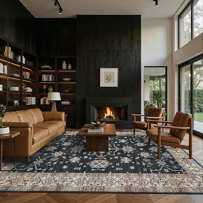8x10 Area Rugs for Living Room, Large Washable Rug, Black Vintage Boho Rug, Non Slip & Low Pile Faux Wool Carpet for Indoor Dining Room, Bedroom and Farmhouse(Black 8x10ft)