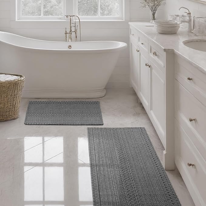 Kitchen Rugs, Kitchen Mats for Floor, Machine Washable Rugs 20"x30"+20"x48" Boho Style, Anti-Skid TPR Backing for Kitchen, Laundry, Durable, Easy Clean Spring & Everyday Use - Grey