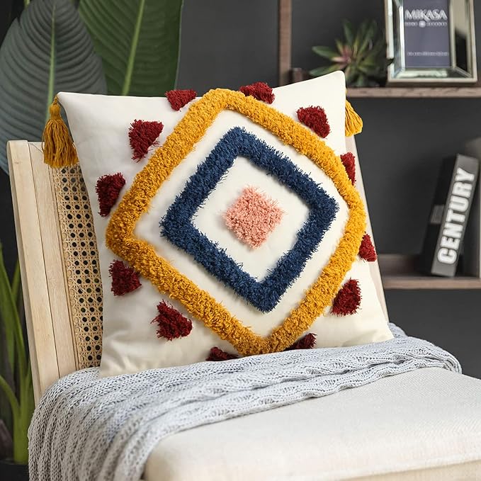Merrycolor Boho Throw Pillow Covers 20 x 20 Modern Geometric Diamond Boho Pillows Decorative Throw Pillow Cases Yellow Blue Pink Soft Woven Tufted Pillow Cushion for Couch Sofa Bedroom Living Room
