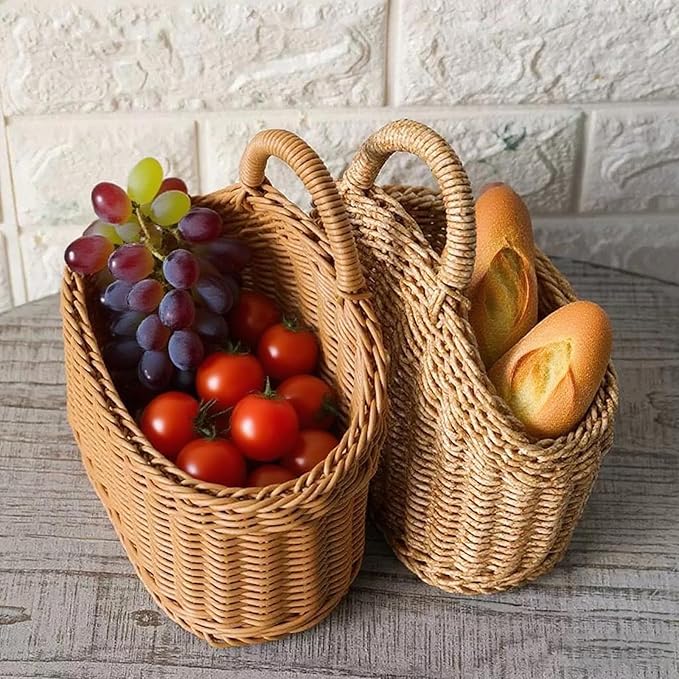 Hanging Basket Plastic Woven Wall Basket, Decorative Front Door Baskets for Flowers Plants, Small Wicker Basket for Organizing