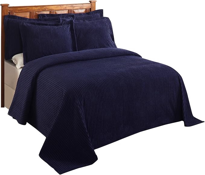 Better Trends Chenille Bedspreads Twin Size, Navy 100% Cotton Chenille Stripe Design Tufted Bedding Coverlet Soft Lightweight, 96"x110" with 1 PC Sham 2 Pieces Set Jullian Collection