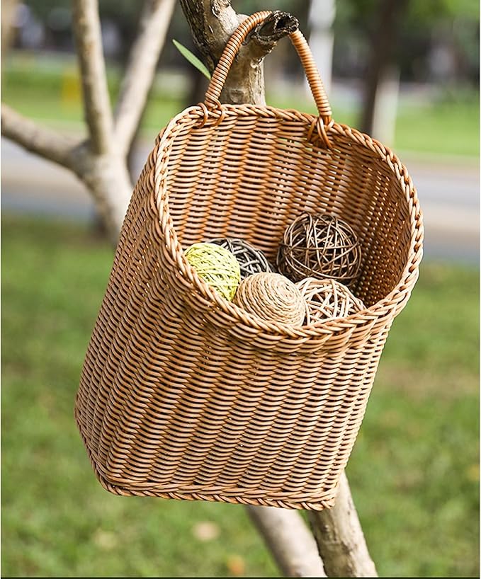 Woven Hanging Wicker Basket for Door, Handmade Rattan Hanging Wall Baskets for Garden Farmhouse Home