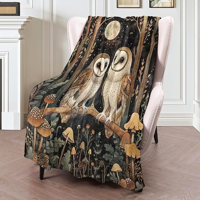 Moonlit Owl Couple Flannel Blanket 50x60in,Enchanted Forest Mushroom Night Scene,Soft Lightweight Throw for Bird Lovers,Cottagecore Decor,Nature Fans and Witchy Aesthetic Home Gifts Blankets