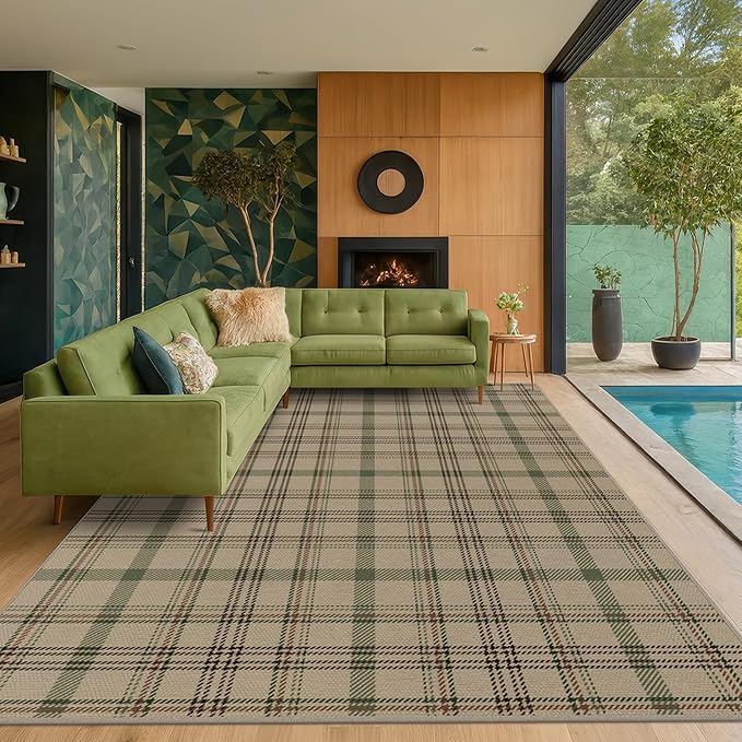JTJ Plaid Easy Jute Rug 8x10 for Living Room - Green Striped Outdoor Indoor Rug for Dining Room Under Table, Bedroom Under Bed, Non Slip Farmhouse Tartan Aesthetic, Washable Sage Nature Color Decor