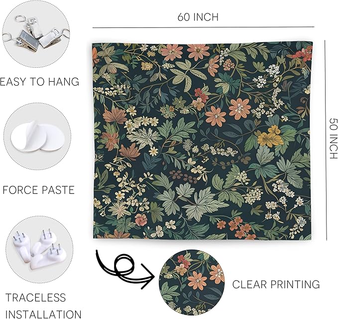 WNAGT Dark Green Floral Botanical Tapestry Wall Hanging, Cottage Core Decor, Nature Rustic Cottagecore Flower Plants Wall Blanket Decor for Home Bedroom Living Room Office, 50x60 Inch