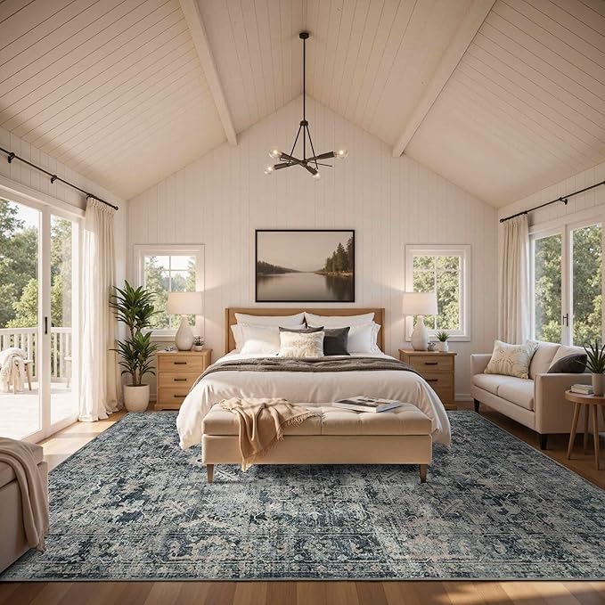 10x14 Area Rugs for Living Room Bedroom, Large Washable Rug, Blue Vintage Retro Boho Rug, Non Slip & Low Pile Faux Wool Thin Carpet for Indoor Dining Room and Kids Room(Blue 10x14ft)