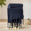 Boho Knitted Chenille Blanket with Tassels - Lightweight & Soft All-Season Throw - 3D Classic Pattern for Living Room Bedroom Couch, Royal Blue, King 90"x108"