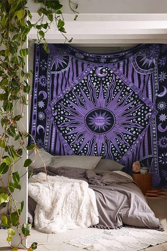 Popular Handicrafts Wall Hanging Tapestry For Bedroom Hippie Burning Sun and Moon Meditation Bohemian Hippy Psychedelic Design Indian Tapestries Bedspread 90 x 108 inches (230cm x 270cm) Green