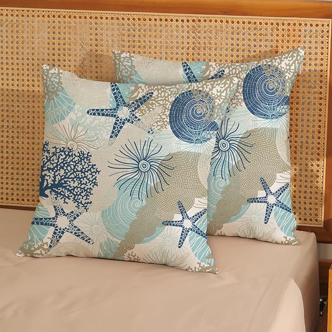 Nautical Coastal Pillow Covers 18x18 Inch Set of 2, Beach Themed Ocean Throw Pillows Starfish Seashell Decorations Summer Pillowcase Linen Outdoor Decor Farmhouse Cushion Case for Home Bedroom