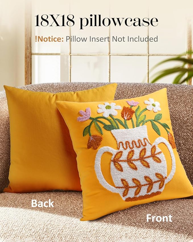 Embroidered Throw Pillow Cover - 18x18 Decorative Pillow Cover with Zipper Aesthetic Cute Design Boho Spring Summer Cozy Throw Pillowcase for Living Room Couch Sofa Bed, Floral Vase