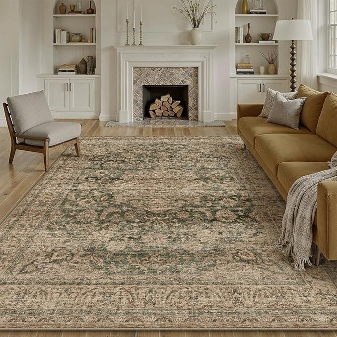 8x10 Washable Vintage Area Rug Green Brown Living Room Bedroom Carpet Non-Slip Soft Low Pile Distressed Indoor Large Throw Rug for Dining Room Office