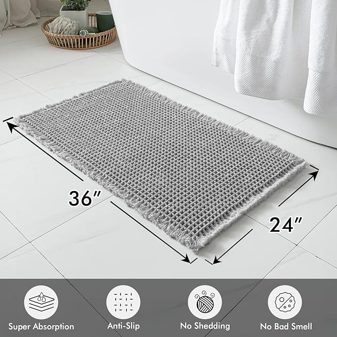 MIULEE Set of 2 Waffle Bathroom Rugs, Boho Bath Rugs Non Slip Washable, Super Absorbent Bath Mats, Ultra Soft Rubber Backed Shower Mats for Bathroom Floor, Tub and Shower, Light Grey, 24x36 Inch
