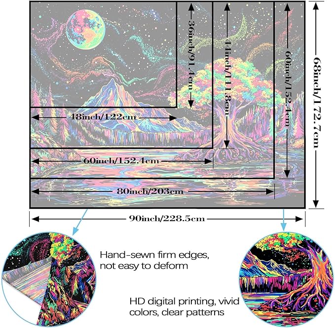 Zussun Blacklight Mountain Forest Tapestry Hippie Tree of Life Tapestries for Bedroom Aesthetic Glow in The Dark Moon and Stars Tapestry Wall Hanging for Living Room Dorm 48 × 36 Inch