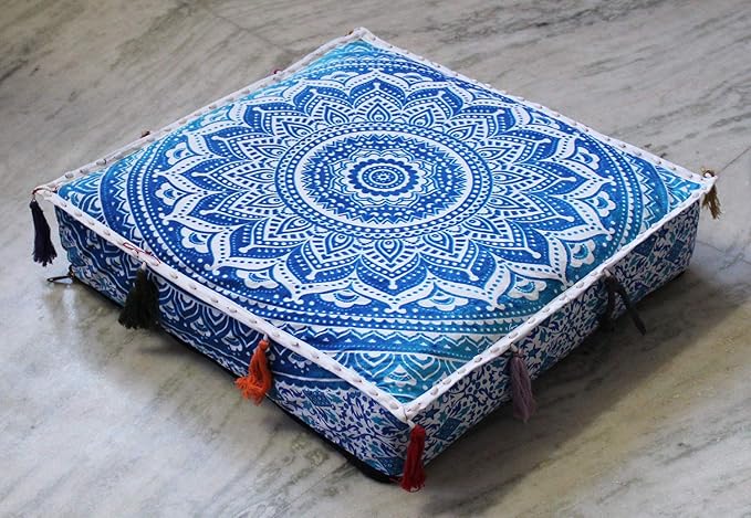 ICC Large Square Cotton Mandala Cushion Cover Hippie Ottoman Pouf Cover Daybed Floor Pillow Cover with Heavy Duty Zipper Seating Ottoman Poufs Dog-Pets Bed (Blue Ombre, 18" Square)