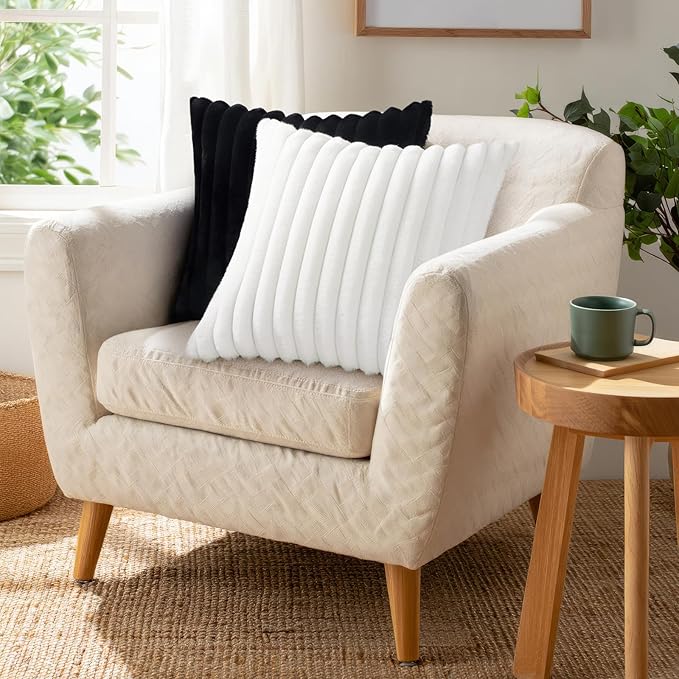 Pallene Faux Fur Plush Throw Pillow Covers 16x16 Set of 2, Luxury Soft Fluffy Striped Decorative Pillow Covers for Sofa, Couch, Living Room, Black