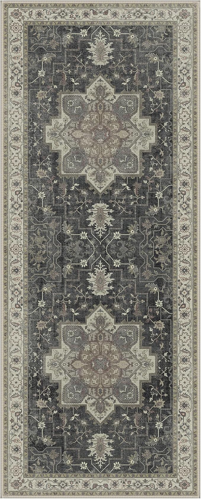 GENIMO 2x5 Runner Rugs for Hallway, Machine Washable Non Slip Vintage Rugs, Low Pile Lightweight Soft Print Rug for enrtyway, Corridor, Home, Office, Kitchen, Muted Charcoal Beige