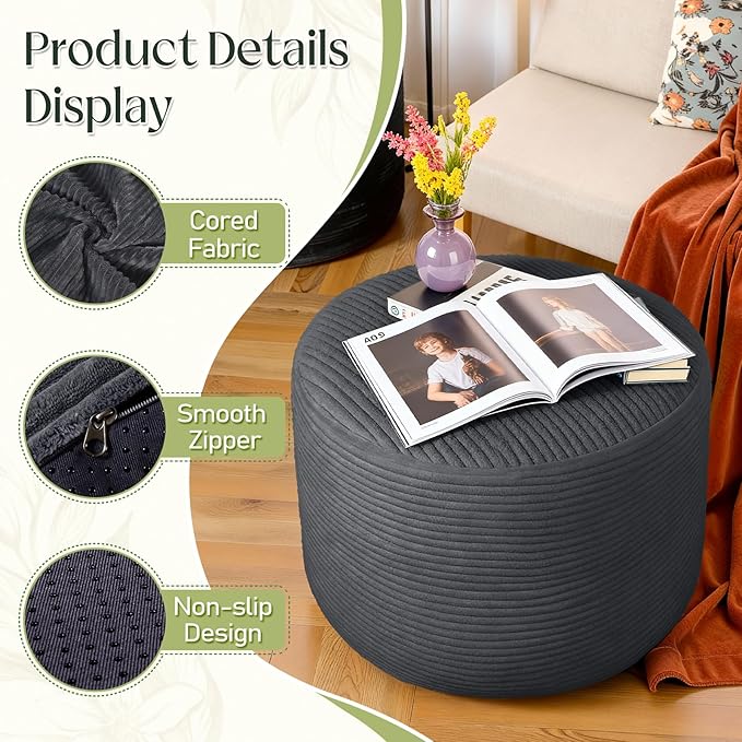 Round Corduroy Ottoman Foot Rest Pouf for Living Room Couch - Soft Plush Shredded Foam Filled Hassock Stool, Comfy Footstool