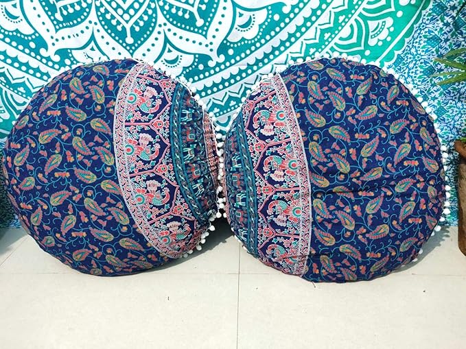 CRAFT KALA Mandala Floor Pillow Cushion Cover Seating Throw Cover Hippie Decorative Bohemian Ottoman Poufs Pom Pillow Cases Indian Cotton Living Room Home Décor 24" Round Set of 2, Elephant Moor Joda