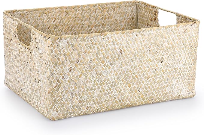 Hipiwe Wicker Shelf Baskets Seagrass Storage Opened Baskets Bin Built-in Handles Rectangular Closet Bedroom Organizer Box Multipurpose Woven Basket Home Organizer,Whitewash,14.6"x 10.6" x 7"