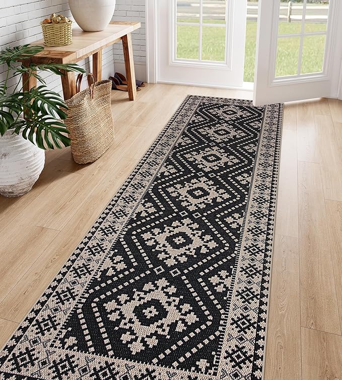 Lahome Bijou Moroccan Easy Jute Outdoor Runner Rug, 2x8 Washable Black Hallway Kitchen Runner Rug with Rubber Backing, Farmhouse Indoor Outdoor Carpet for Hallway 8ft Entryway Porch