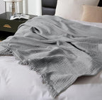 KyraHome 100% Organic Cotton Throw Blanket, 90x104 King Size Muslin Blankets for Adults, Couch, Plant Dyed, Breathable Lightweight Gauze Bed Throw Blanket All Season, Light Grey,
