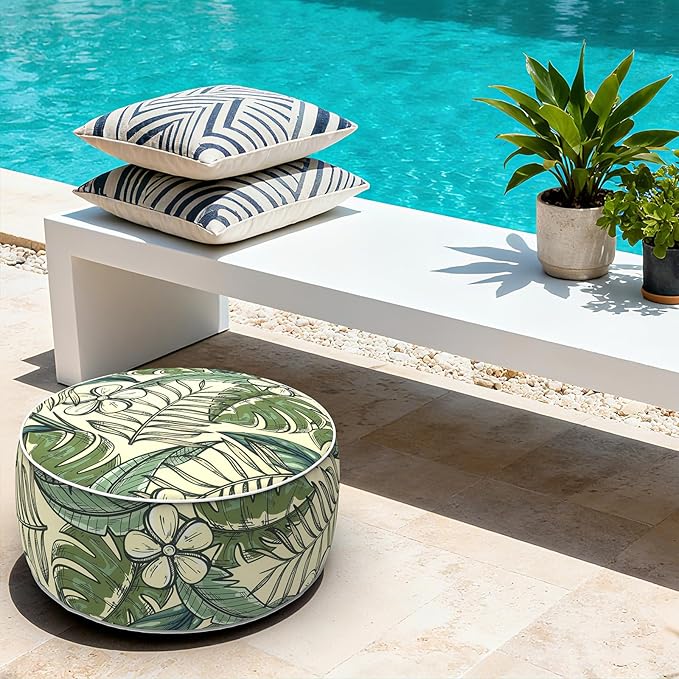 LVTXIII Indoor/Outdoor Inflatable Ottoman with Handle D21 x H9 Inch, Weather-Resistant Round Footstool Pouf for Patio Camping Living Room, Portable Footrest Extra Seating, Tropical Paradise