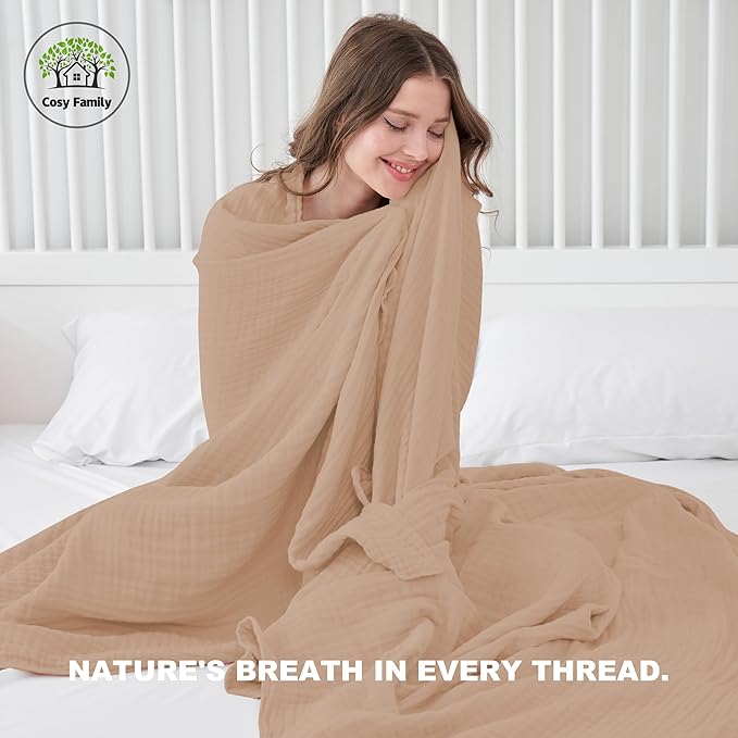 Cosy Family 6 Layer Muslin Bed Blanket - Breathable and Lightweight Gauze Boho Blanket for Spring, Soft 100% Cotton Muslin Blanket, Brown, 80x90 Inches