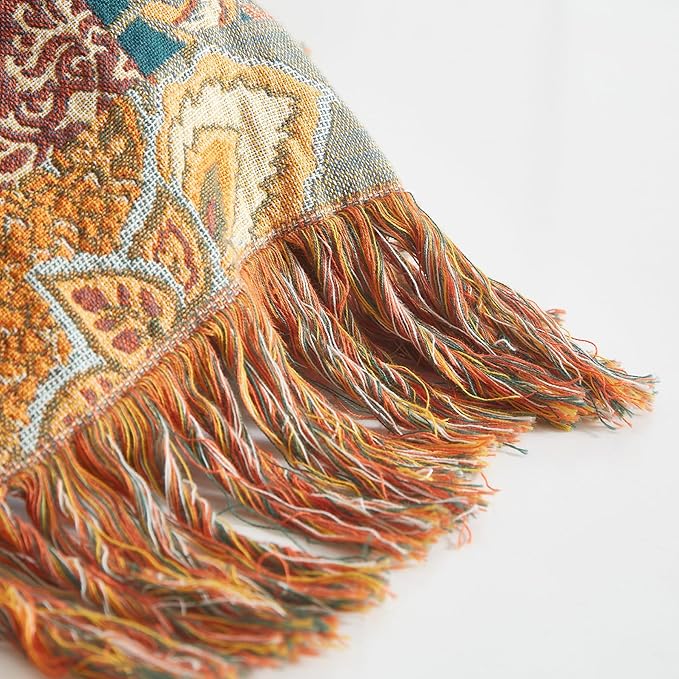Boho Throw Blanket for Couch Sofa Bed, 100% Cotton Woven Quilt with Tassel 80”x90”, Super Soft Muslin Blanket with Floral Printed, Decorative Reversible Bed Blanket/Cover for All Seasons