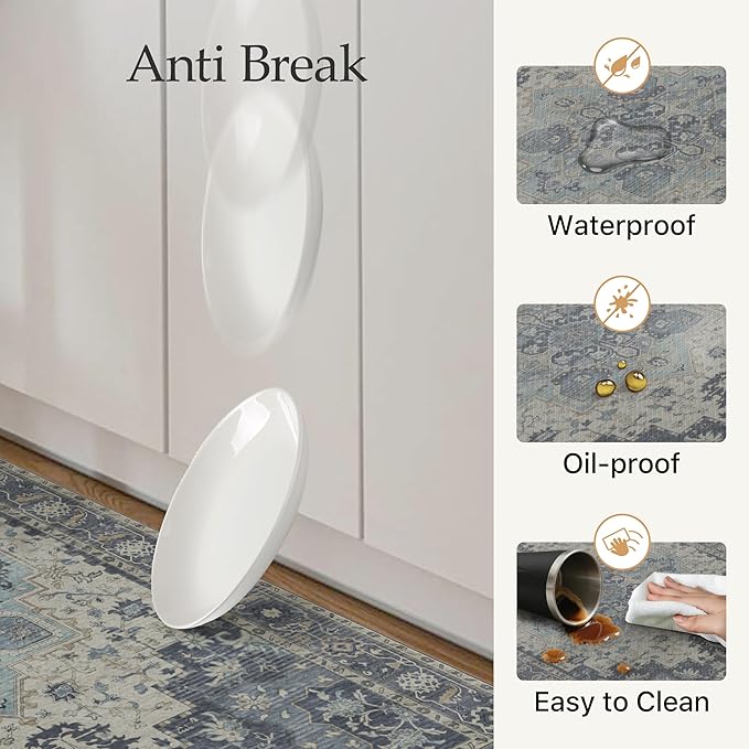 GENIMO Kitchen Mats for Floor 2PCs, Washable Anti Fatigue Mat for Cushioned, 17.3"x59"+17.3"x30", Waterproof Kitchen Rugs, Non Slip Comfort Standing Mat Rug for Home, Sink, Laundry, Center Blue