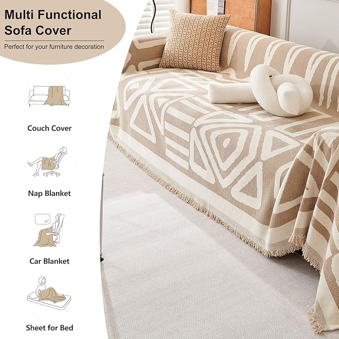 ROOMLIFE Boho Couch Cover for 3 Cushion Couch L Shape Sofa Covers for Sectional Sofa Reversible Silpcover for Dogs Washable Chenille Furniture Protector for Living Room,91"x118"