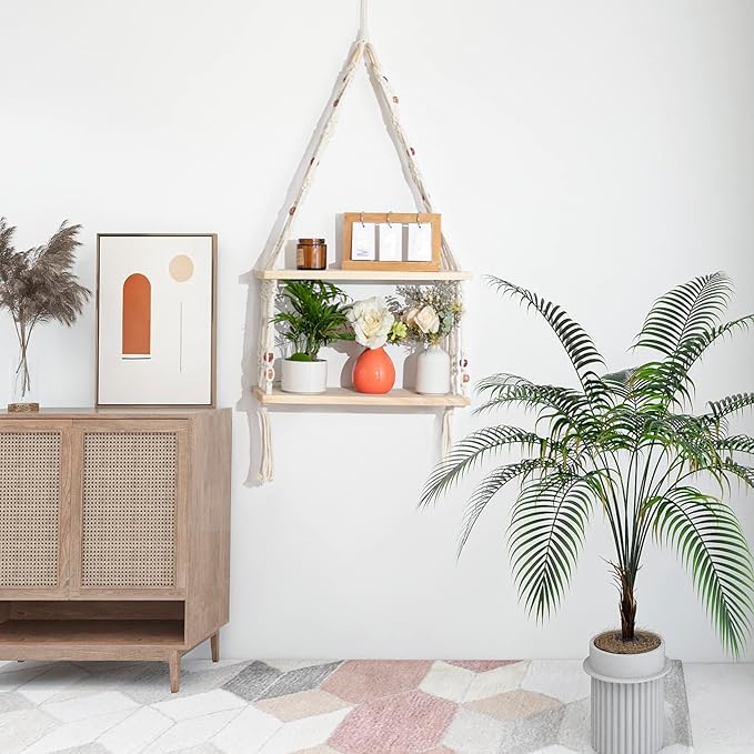 Boho Wall Hanging Shelves Macrame Floating Plant Photos Wood Shelf for Bedroom Living Room Apartment Decor