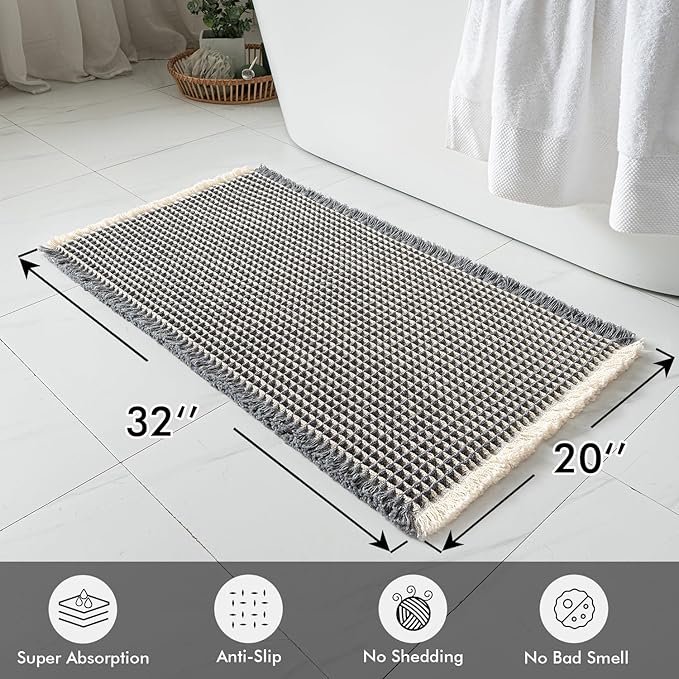 MIULEE Set of 2 Waffle Bathroom Rugs, Boho Bath Rugs Non Slip Washable, Super Absorbent Bath Mats, Ultra Soft Rubber Backed Shower Mats for Bathroom Floor, Tub, Dark Grey & Yellow, 20x32 Inch