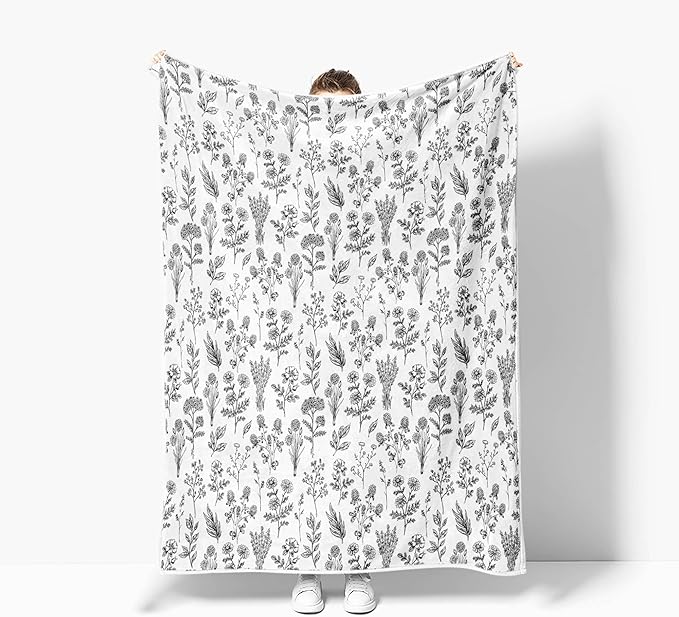 Floral Fuzzy Blanket Black Floral Throw Blanket, Botanical Flowers Blankets, Soft, Flannel, Warm, Boho Flowers Bed Blankets All Season for Couch Bedroom Living Room 60X90 Inch