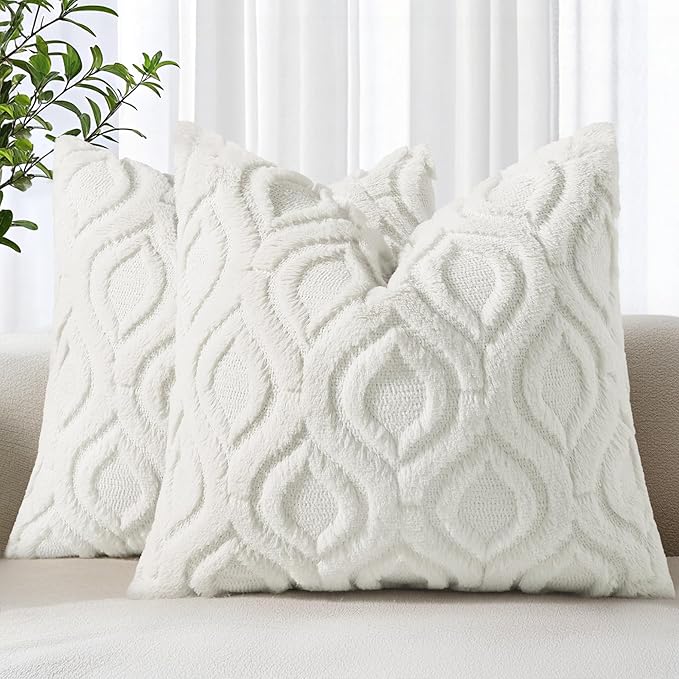 decorUhome Cozy Textured Euro Sham Throw Pillow Covers 24x24 Inch Set of 2, Soft Plush Faux Wool Cream White Accent Couch Pillow Covers for Modern Farmhouse Sofa Bed Living Room
