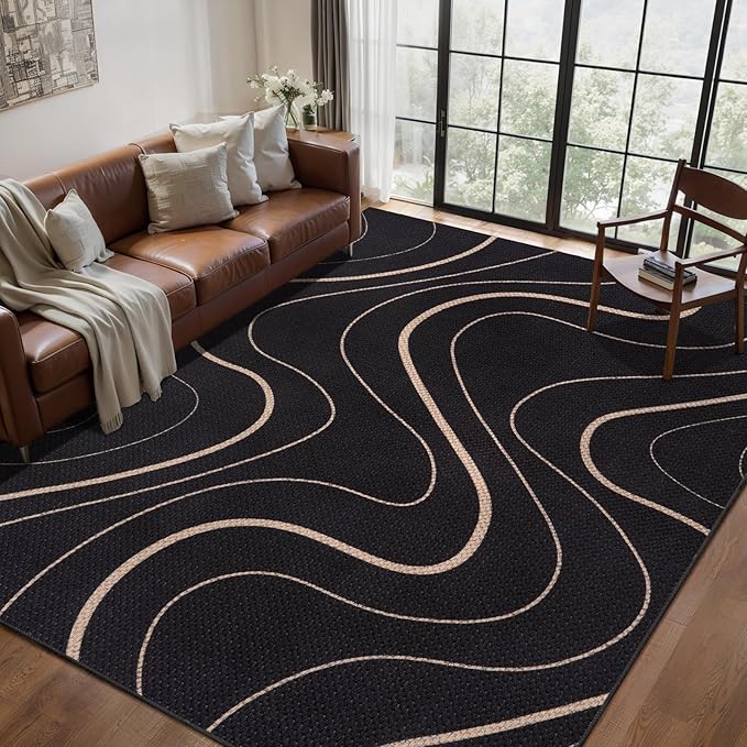 Tangsoo Modern Easy Jute 5x7 Area Rug for Living Room,Washable Rug Non Slip Thin Indoor Outdoor Carpet,Farmhouse Black Lines Throw Mat for Office Balcony Backyard Patio Home Decor