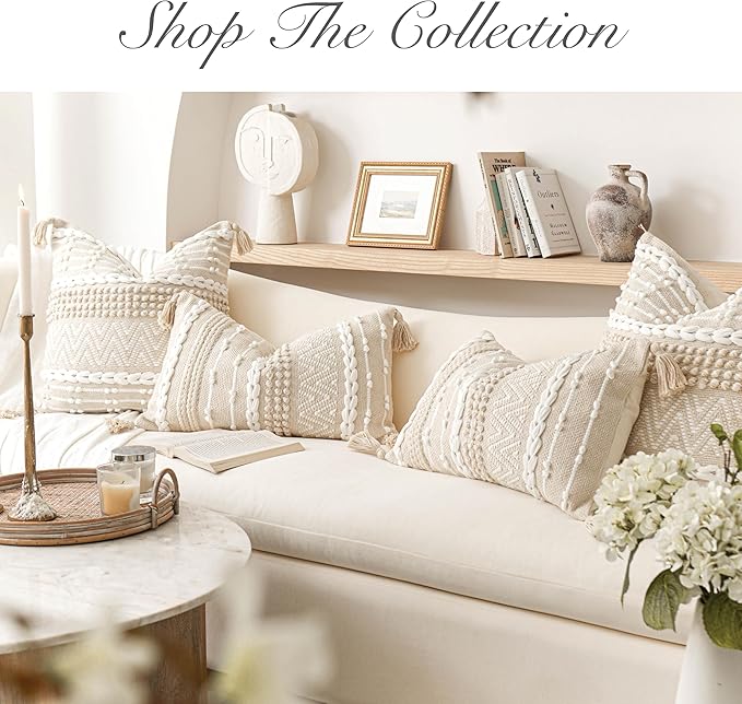 BlissBlush Boho Throw Pillow Cover 22X22, Large Decorative Accent Pillow for Couch, Square Woven Textured Pillowcase, Modern Boho Pillow for Bed, Bohemian Pillow Cover, Cream White (Pack of 1)