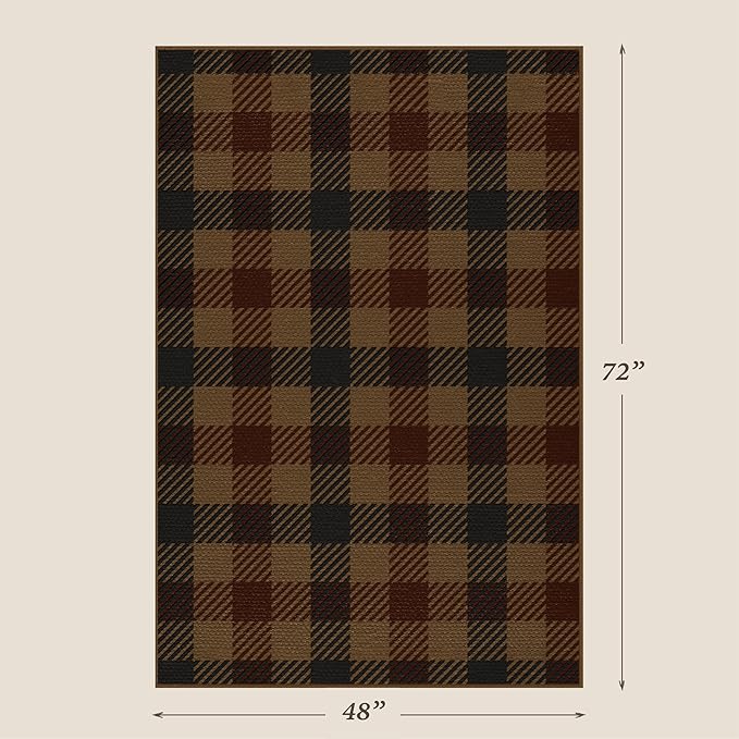 Neutral 4x6 Area Rug for Indoor Entrance - Easy Jute Brown and Red Checkered Rug for Large Entryway, Small Living Room, Stain Resistant Low Pile Retro Vintage Dark Décor